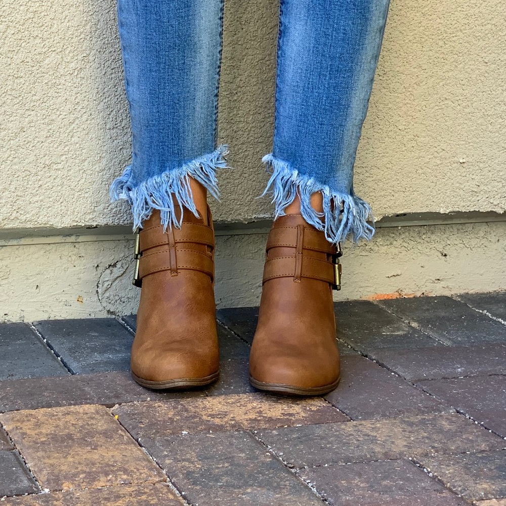 Tan Side Cut Out Cross Double Buckle Ankle Booties - Picture 6 of 8